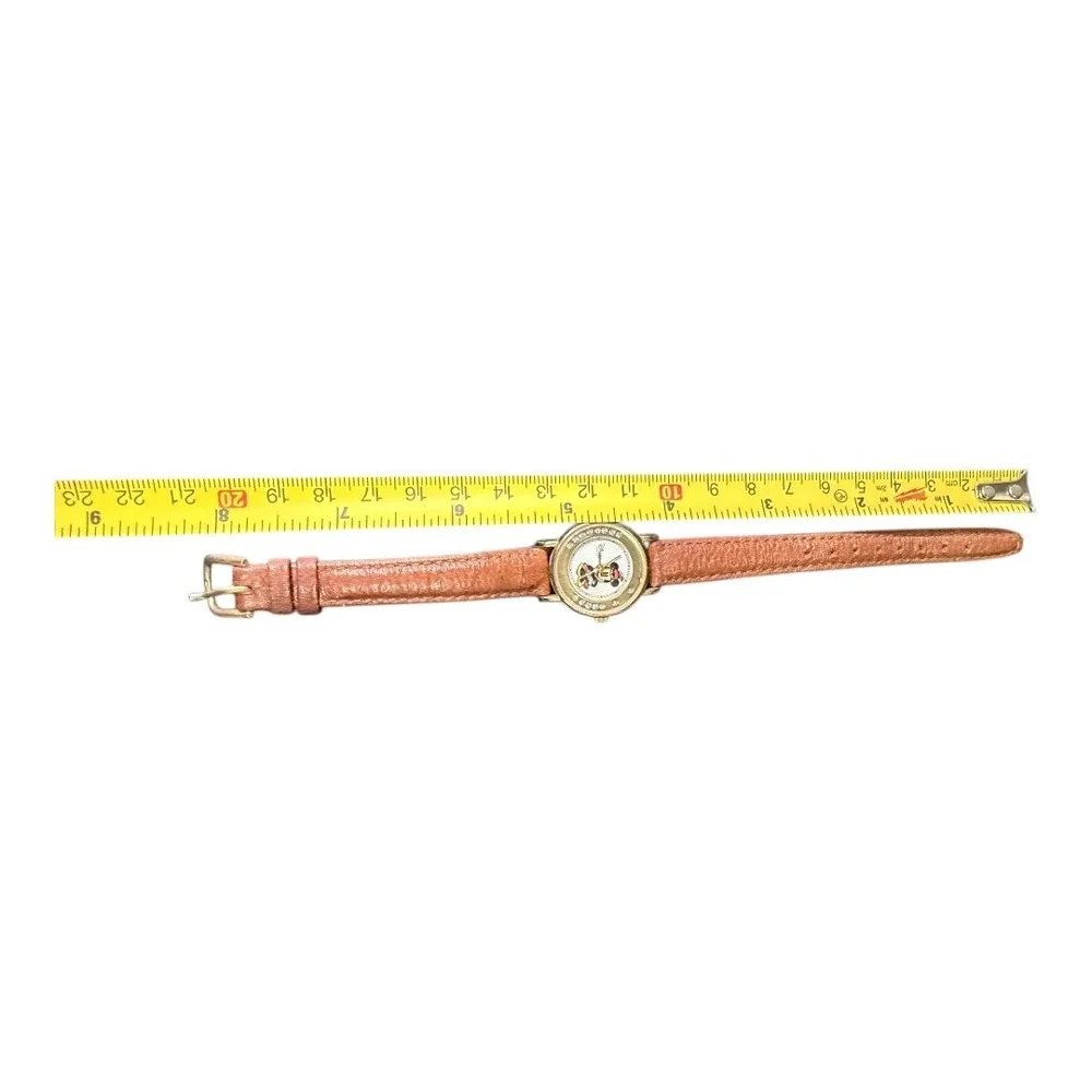 Vintage Disney Minnie Mouse Watch Tan Leather Band Rhinestone Bezel Quartz Gold